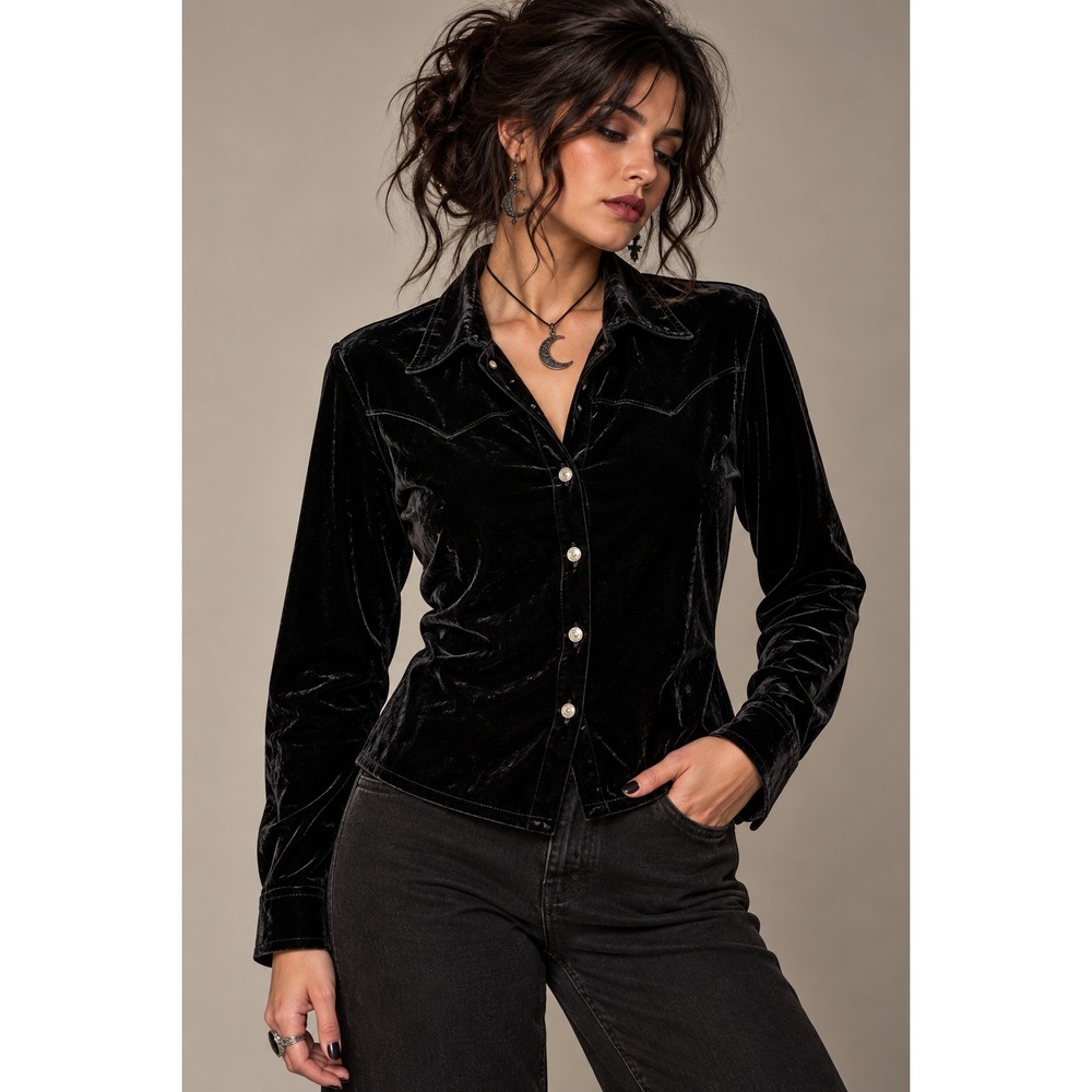 Jonden Black Velvet Western Button Shirt Goth Cowboy Dark Romantic Medium